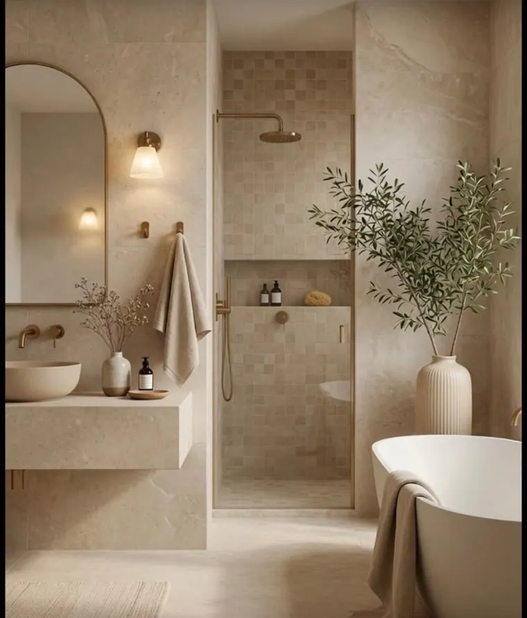 Travertine ensuite with a checkerboard tiled shower and a floating stone vanity.